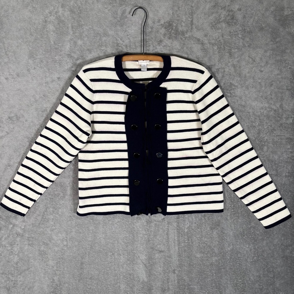 Chicos Navy White Striped Full Zip Cotton Cardigan Sweater Size 3 (XL) Nautical